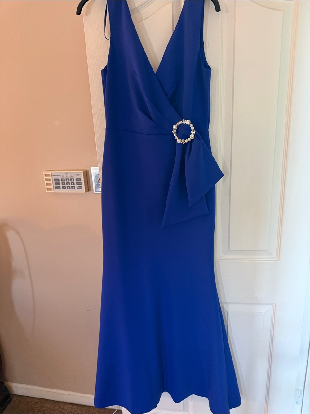 Eliza J Royal Blue V-Neck Midi Dress with Jeweled Waist Accent